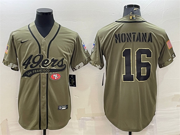 Men's San Francisco 49ers #16 Joe Montana Olive 2022 Salute to Service Cool Base Stitched Baseball Jersey
